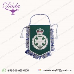 ROYAL GREEN JACKETS ( RGJ ) PENNANT WITH BULLION WIRE EMBROIDERED BADGE
