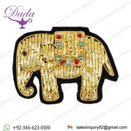Handmade Gold Elephant Indian Silk Bullion Wire Badges Brooches with Pin Back