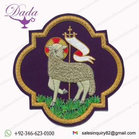 Emblem Lamb Applique For Catholic Vestment Sewn On purple velvet