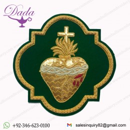 Emblem Sacred Heart Applique For Catholic Vestment On dark green velvet