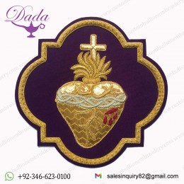 Emblem Sacred Heart Applique For Catholic Vestment sewn on purple velvet