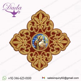 Greek Liturgical Bullion Wired Embroidered Gold Cross With Icon For Vestment Applique