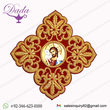 Greek Liturgical Embroidered Gold Cross With Icon For Vestment Applique