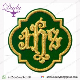 Liturgical Church Emblem IHS Hand-embroidered Sew On Dk Green Velvet