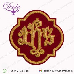 Liturgical Church Emblem IHS Hand-embroidered Sew On Dk Red Velvet
