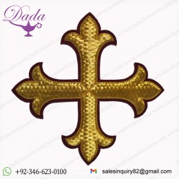 Liturgical Embroidered Gold Cross Applique For Vestments on Dk Red Velvet
