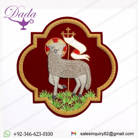 New Emblem Lamb Applique For Catholic Vestment On Dk Red Velvet