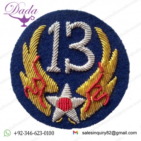 Us Thirteenth Air Force Hand Embroidered With Gold And Silver Wire Bullion On A Blue Circle Shaped
