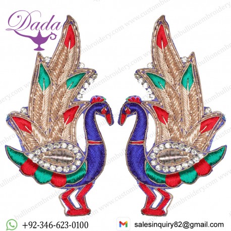 Pair of Zardozi Peacock Patches with Embellished Crystals
