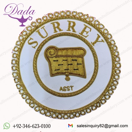 Masonic Apron Badge Surrey Asst Hand Embroidered Bullion & Wire Masonic Badges