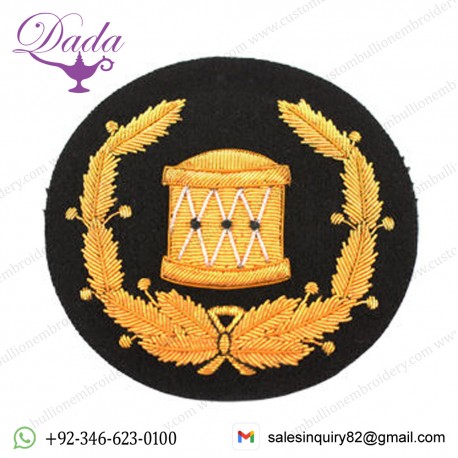 Insignia Badge - Hand embroidery blazer badge Gold Drum & Gold Wreath on Black