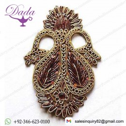 2 Hand-Beaded Double Paisley Appliques Brown Faux Gem Gold Bullion Renaissance