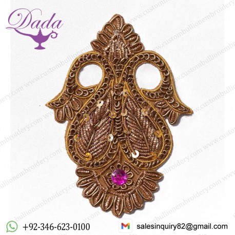 2 Hand-Beaded Double Paisley Appliques Pink Gem Gold Bullion Renaissance DIY