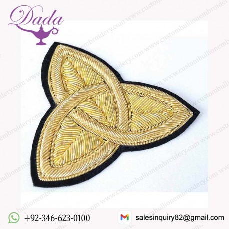 2 Hand-Embroidered, Bullion Appliques. Gold Trinity. 3 inch