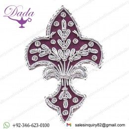 4 Hand-Embroidered Appliques. Fleur De Lis. Burgundy with Silver Bullion 