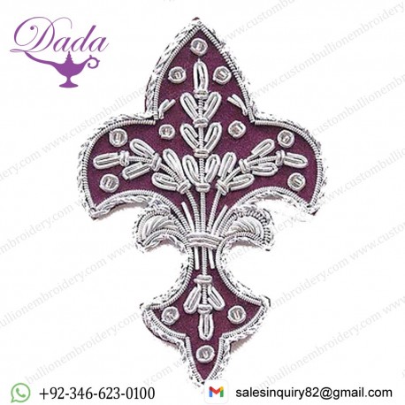 4 Hand-Embroidered Appliques. Fleur De Lis. Burgundy with Silver Bullion 
