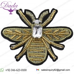 China Supplier 3D Indian Bullion Wire Badge Beaded Embroidery Bee Sew On Patch With Crystal