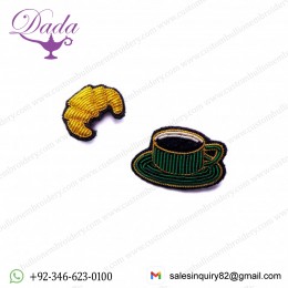 Coffee cup croissant brooch Supplier Custom Hand Embroidery India Bullion Silk Patch Metallic