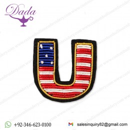 letter U Bullion wire brooch pin hand jacket China embroidered patches blazer crest goldwork