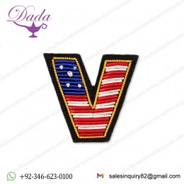 letter V Bullion wire brooch fashion jacket Indian China embroidered patches blazer crest goldwork
