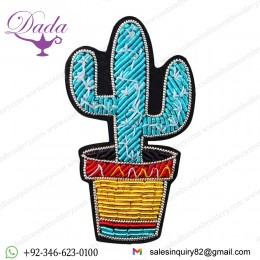 Handmade Indian SILK Embroidery Badge Plant Potted Cactus Temperament Brooch