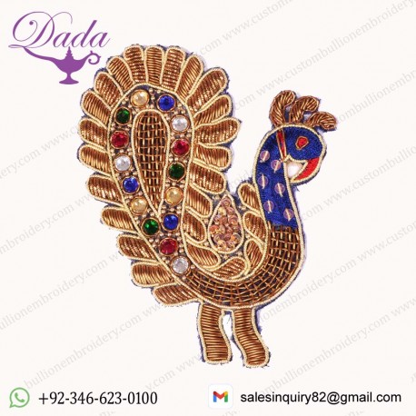 HAND-BEADED APPLIQUES MAGNIFICENT PEACOCK DESIGN GOLDEN ZARDOZI