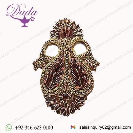 Hand-Beaded Double Paisley Appliques Brown Faux Gem Gold Bullion Renaissance