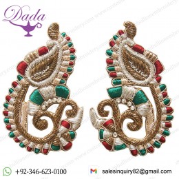 Hand-Embroidered Appliques Prong Rhinestones, Gold Bullion Hand Beaded Pair