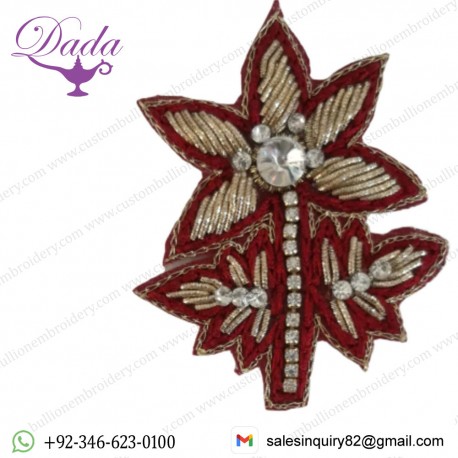 Tree Shape Maroon Color Embroidery Handmade Zari Work with Cut Work Applique Patches