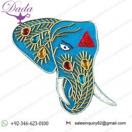 Hand-Embroidered, Gold & Blue Appliques. Elephant Patches 2½ By 3½ inch