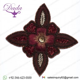 Handmade Beaded Indian Burgundy Floral Patch Applique