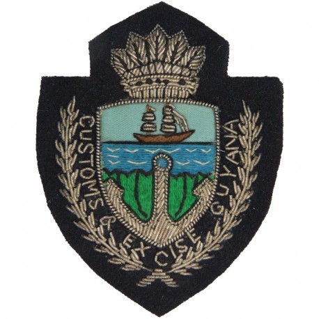 Guyana Customs And Excise Cap Badge South America Bullion wire embroidered Coast Guard, Customs & Excise insignia