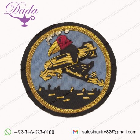 351ST BOMB SQUADRON Hand embroidered with gold and silver wire bullion on a blue circle shaped