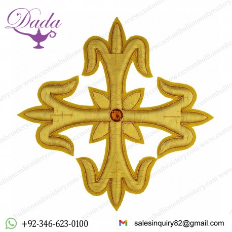 Embroidered Cross Gold Fleury Motif with stone H. cm 18 (7,1 inch) Metallic thread and Viscose Gold for Chasubles